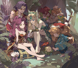  3boys 3girls angela_(seiken_densetsu_3) arm_wrestling baggy_clothes bare_shoulders barefoot black_footwear black_gloves blonde_hair blue_eyes boots breasts brown_eyes charlotte_(seiken_densetsu_3) cleavage dappled_sunlight dark_skin duran_(seiken_densetsu_3) full_body gloves green_eyes hair_ornament hawkeye_(seiken_densetsu_3) highres kevin_(seiken_densetsu_3) large_breasts lil&#039;_cactus long_hair medium_breasts multiple_boys multiple_girls photoshop_(medium) pointy_ears purple_hair red_hair riesz seiken_densetsu seiken_densetsu_3 sitting sunlight sword tennohi unworn_boots weapon 