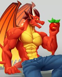  anjing_kampuss anthro clothed clothing dragon dragon_city flame_dragon food hi_res horn male membrane_(anatomy) membranous_wings muscular muscular_male mythological_creature mythological_scalie mythology partially_clothed red_body red_scales scales scalie simple_background socialpoint solo wings yellow_body yellow_eyes yellow_scales 