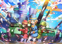  6+girls :d :o absurdres aircraft airplane aria_(vivid_army) battleship blonde_hair blue_dress blue_eyes blue_hair blue_headwear blue_sky brown_hair character_request cloud day dress gloves green_dress green_headwear gun hat helmet highres holding holding_gun holding_weapon long_hair looking_at_viewer military military_uniform military_vehicle motor_vehicle multiple_girls open_mouth pink_hair purple_hair red_dress red_headwear rifle rocket_launcher ship short_hair sky smile soldier standing tank thighhighs tina_(vivid_army) uniform vivid_army warship wata_(attaka_towel) watercraft weapon white_gloves yellow_eyes 