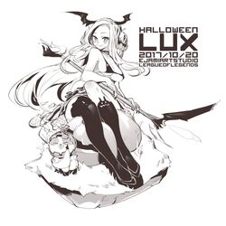  alternate_costume bikini breasts closed_mouth ejami female greyscale halloween jack-o&#039;-lantern league_of_legends long_hair looking_at_viewer lux_(league_of_legends) monochrome simple_background smile solo swimsuit thighhighs weapon white_background 