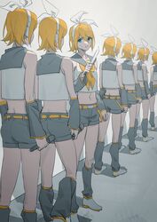  6+girls arm_warmers bandage_on_face bandages belt blonde_hair blood blood_on_face blue_eyes bow clone collared_shirt commentary crop_top english_commentary from_behind grey_legwear grey_sailor_collar grey_shorts hairbow highres holding holding_knife holding_microphone indoors kagamine_rin knife leg_warmers looking_to_the_side microphone midriff multiple_girls navel odd_one_out parted_lips sailor_collar shadow shirt short_hair short_shorts shorts sleeveless sleeveless_shirt standing vocaloid white_bow white_footwear white_shirt wounds404 