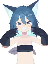  absurdres animal_ear_fluff animal_ears bandeau bare_shoulders black_bandeau black_gloves blue_hair blush collarbone commentary female fingers_to_cheeks gloves grin hair_between_eyes hands_up highres long_hair looking_at_viewer navel original pappii_(paprika_shikiso) paprika_shikiso purple_eyes simple_background smile solo strapless upper_body white_background 