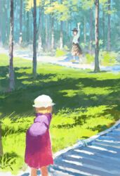  2girls bent_over black_footwear black_hair black_headwear black_skirt blonde_hair commentary dress fjsmu forest full_body grass highres impressionism long_sleeves maribel_hearn multiple_girls nature outdoors purple_dress short_hair skirt touhou tree usami_renko white_headwear 