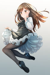  arashio_(kancolle) arashio_kai_ni_(kancolle) belt belt_buckle black_belt black_dress black_footwear black_pantyhose blush brown_eyes brown_hair buckle clothes_lift comah dress dress_lift female full_body gradient_background kantai_collection lifting_own_clothes long_hair long_sleeves pantyhose pinafore_dress shirt shoes sleeveless sleeveless_dress smile solo white_shirt 