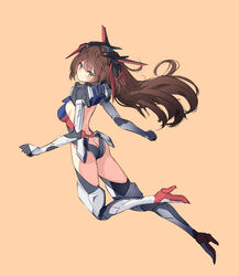  aile_strike_gundam armored_boots ass ass_cutout blush boots breasts brown_hair butt_crack clenched_hand clothing_cutout female gundam gundam_seed highres humanization i.takashi leotard long_hair mecha_musume medium_breasts open_hand orange_hair sideboob smile solo thighhighs yellow_eyes 