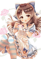  :d absurdres apron black_bow bloomers blue_dress blush bow brown_eyes brown_hair commentary_request dress feet_out_of_frame female floral_background frilled_apron frilled_bow frills hairbow hands_up heart heart_hands highres idolmaster idolmaster_cinderella_girls idolmaster_cinderella_girls_starlight_stage knees_together_feet_apart long_hair looking_at_viewer open_mouth pantyhose parted_bangs puffy_short_sleeves puffy_sleeves ribbon-trimmed_sleeves ribbon_trim rose_background short_sleeves smile solo striped_clothes striped_pantyhose tachibana_arisu underwear very_long_hair white_apron white_background white_bloomers wrist_cuffs yata_(yatao_zzz) 