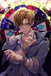  1boy absurdres black_background blonde_hair blush bruise bruise_on_face collarbone commentary_request cuffs dart dress_shirt green_eyes grey_jacket grey_shirt handcuffs hands_up highres injury jacket light long_sleeves male_focus matsuno_chifuyu nanin parted_lips shirt short_hair solo sparkle sweat teeth tokyo_revengers 