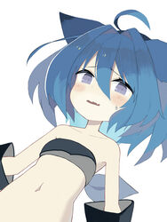  ahoge animal_ears bandeau bare_shoulders black_bandeau black_gloves blue_hair blush collarbone commentary_request dutch_angle female gloves hair_between_eyes hair_intakes navel oerba_yun_fang original pappii_(paprika_shikiso) paprika_shikiso parted_lips purple_eyes simple_background solo sweat upper_body wavy_mouth white_background 