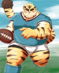  2022 4:5 anthro belly big_belly bottomwear bulge clothing felid hi_res humanoid_hands kemono male mammal mohumohudansi outside overweight overweight_male pantherine pink_nose rugby rugby_ball rugby_uniform shirt shorts solo tiger topwear 