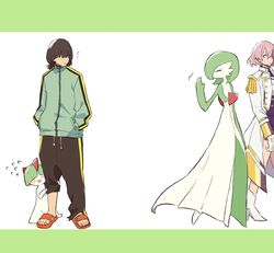  1boy black_hair black_pants blush choko_egg closed_eyes crossover epaulettes female gardevoir green_jacket gridman_universe hair_over_eyes hands_in_pockets highres jacket looking_at_another mujina orange_footwear pants pink_hair pokemon pokemon_(creature) ralts sandals short_hair simple_background ssss.dynazenon track_jacket track_pants waving white_background white_footwear yamanaka_koyomi 