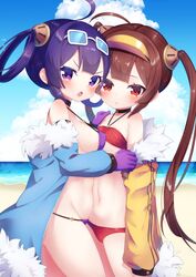  2girls :o ahoge azur_lane bad_id bad_twitter_id bare_shoulders beach bikini black_choker blue-framed_eyewear blue_jacket blush breasts brown_hair choker collarbone commentary_request day fur-trimmed_jacket fur_trim gloves groin hair_rings hairpods halterneck highres horizon inactive_account jacket kokone_(coconeeeco) long_sleeves looking_at_viewer looking_to_the_side medium_breasts multiple_girls navel ning_hai_(azur_lane) ning_hai_(summer_hunger)_(azur_lane) ocean off_shoulder official_alternate_costume open_clothes open_jacket outdoors parted_lips ping_hai_(azur_lane) ping_hai_(summer_vacation)_(azur_lane) purple_bikini purple_eyes purple_gloves purple_hair red_bikini red_eyes sand standing swimsuit twintails v-shaped_eyebrows water white-framed_eyewear yellow_jacket 