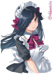  alternate_costume apron black_dress black_hair blush bow brown_eyes commentary_request cropped_torso dress duplicate ebifurya enmaided eyes_visible_through_hair female gloves hayashimo_(kancolle) highres kantai_collection long_hair maid maid_apron maid_headdress pixel-perfect_duplicate purple_bow short_sleeves simple_background smile solo twitter_username upper_body white_apron white_background white_gloves 