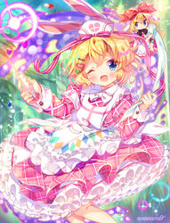  2girls ;d amo_(shibu3) animal_ears apron bamboo bamboo_forest bandages black_bow blonde_hair blue_eyes blurry blurry_background blush bow collared_dress commentary_request depth_of_field dress forest frilled_apron frills hair_between_eyes hair_ornament hairbow hairclip hat heart highres holding holding_syringe juliet_sleeves long_sleeves medic medicine_melancholy medicine_melancholy_(rabbit-eared_soldier) multiple_girls nature nurse_cap one_eye_closed open_mouth pill pink_dress plaid plaid_dress pleated_dress puffy_sleeves rabbit_ears red_bow signature smile su-san syringe touhou touhou_lostword white_apron white_bow white_headwear 