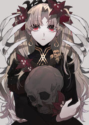  alternate_hair_ornament black_dress blonde_hair bougainvillea_(flower) brown_nails commentary_request crossed_arms dress earrings ebanoniwa ereshkigal_(fate) ereshkigal_(third_ascension)_(fate) fate/grand_order fate_(series) female flower grey_background hair_flower hair_ornament hand_on_own_elbow high_collar highres holding holding_skull hugging_object infinity_symbol jewelry layered_sleeves long_hair long_sleeves looking_at_viewer nail_polish oversized_object parted_lips red_eyes red_flower ribs sanpaku simple_background skull skull_ornament solo sparks straight-on tiara two_side_up upper_body 