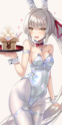  alternate_animal_ears animal_ears bare_shoulders bow bowtie breasts chest_jewel cleavage collar covered_navel cowboy_shot detached_collar facial_mark female grey_hair highleg highleg_leotard highres inoue_takuya_(tactactak) iridescent leotard long_hair medium_breasts nia_(blade)_(xenoblade) nia_(xenoblade) oversized_breast_cup pantyhose playboy_bunny rabbit_ears red_bow red_bowtie revision simple_background solo strapless strapless_leotard thigh_strap very_long_hair white_background white_collar white_pantyhose wrist_cuffs xenoblade_chronicles_(series) xenoblade_chronicles_2 yellow_eyes 