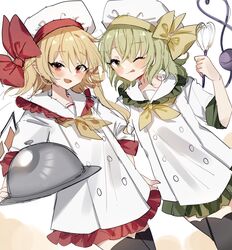  2girls :d ;q alternate_costume black_legwear blonde_hair blush bow brown_bow brown_neckerchief buttons chef chef_hat commentary_request crystal flandre_scarlet frilled_shirt_collar frilled_skirt frills green_eyes green_hair hat hat_ribbon highres holding holding_whisk komeiji_koishi looking_at_viewer multiple_girls neckerchief one_eye_closed open_mouth red_eyes red_ribbon ribbon sailor_collar short_hair side_ponytail skirt smile sorani_(kaeru0768) standing thighhighs third_eye tongue tongue_out touhou tray whisk wings 