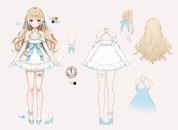  absurdres bad_id bad_twitter_id bare_shoulders blonde_hair blue_eyes blunt_bangs braid breasts cleavage closed_mouth concept_art contest female full_body hair_ribbon high_heels highres long_hair lumilive multiple_views ribbon runa_kei smile virtual_youtuber wavy_hair weri 