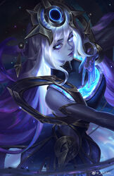  absurdres alternate_costume artist_name atomicxx bare_shoulders blue_eyes bracelet collared_dress cosmic_lux detached_sleeves dress female glowing glowing_eyes glowing_hair hand_on_own_chest headpiece highres jewelry league_of_legends lipstick long_hair looking_at_viewer looking_to_the_side lux_(league_of_legends) makeup outstretched_arm purple_hair purple_lips staff standing white_hair 