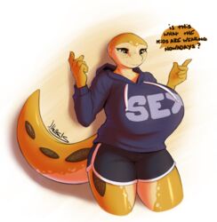  2023 5_fingers amphibian anthro artist_name big_breasts bottomwear breasts clothing dialogue digital_media_(artwork) english_text eyebrows eyelashes female fingers freckles green_eyes helen_(liltelltails) hi_res hoodie huge_breasts liltelltails salamander shirt shorts smile solo speech_bubble text text_on_clothing text_on_shirt text_on_topwear topwear 