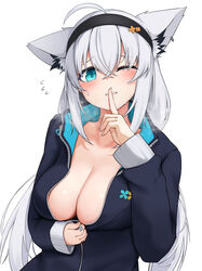  absurdres ahoge animal_ear_fluff animal_ear_piercing animal_ears aqua_eyes black_hairband black_headband black_jacket blush braid breasts cleavage commentary_request female fox_ears fox_girl fox_tail hair_between_eyes hairband headband highres hololive hood hooded_jacket interlocked_fingers jacket large_breasts long_hair long_sleeves looking_at_viewer micon official_alternate_costume one_eye_closed shirakami_fubuki shirakami_fubuki_(loungewear) single_braid solo tail virtual_youtuber white_background white_hair 