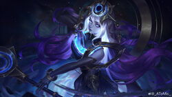  absurdres alternate_costume artist_name atomicxx bare_shoulders blue_eyes bracelet collared_dress cosmic_lux detached_sleeves dress female glowing glowing_eyes glowing_hair hand_on_own_chest headpiece highres jewelry league_of_legends lipstick long_hair looking_at_viewer looking_to_the_side lux_(league_of_legends) makeup outstretched_arm purple_hair purple_lips staff standing white_hair 