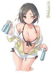  batsubyou bikini black_hair bottle breasts cat_zipper collarbone commentary_request cowboy_shot ebifurya eighth_note female green_eyes hair_ornament hairclip highres jacket kantai_collection kuroshio_(kancolle) kuroshio_kai_ni_(kancolle) looking_at_viewer medium_breasts musical_note navel o-ring o-ring_bikini one_eye_closed ramune short_hair side-tie_bikini_bottom simple_background solo swimsuit twitter_username white_background white_bikini white_jacket zipper_pull_tab 