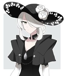  black_choker black_dress black_hat border breasts chains choker cleavage closed_mouth cogita_(pokemon) collarbone commentary_request cropped_jacket dress elbow_gloves eyelashes female flower gloves grey_background grey_eyes grey_hair hair_over_one_eye hat hat_flower mature_female ohn_pkmn outline pokemon pokemon_legends:_arceus solo sun_hat upper_body white_border white_flower white_gloves 