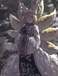  bangs blonde_hair breasts dress female fox_tail frills hands_in_opposite_sleeves hat highres long_sleeves looking_at_viewer medium_breasts medium_hair multiple_tails one-hour_drawing_challenge pillow_hat solo sunyup tabard tail tassel touhou white_dress white_headwear wide_sleeves yakumo_ran yellow_eyes 