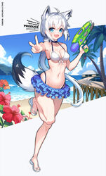  absurdres ahoge animal_ear_fluff animal_ears artist_name azur_lane bare_shoulders beach bikini bikini_skirt bikini_top_only black_choker blue_eyes blue_skirt braid breasts choker cleavage collarbone commentary day female flower fox_ears fox_girl fox_tail full_body highres hololive long_hair looking_at_viewer medium_breasts navel ocean oerba_yun_fang open_mouth outdoors palm_tree pier ponytail sandals shirakami_fubuki shirakami_fubuki_(beachside_fox) side_braid sidelocks skin_fang skirt smile solo sosai_salada standing standing_on_one_leg stomach sunlight sweat swimsuit tail tree v virtual_youtuber water_gun white_bikini white_hair 