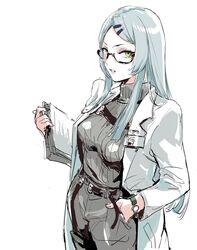  belt black-framed_eyewear blue_hair breasts clipboard coat commentary cowboy_shot female girls&#039;_frontline glasses green_eyes grey_pants grey_sweater hair_ornament hairclip highres holding holding_clipboard id_card lab_coat light_blue_hair long_hair long_sleeves looking_at_viewer medium_breasts nele_(girls&#039;_frontline) open_clothes osakana_(denpa_yun&#039;yun) pants rectangular_eyewear ribbed_sweater semi-rimless_eyewear simple_background solo sweater symbol-only_commentary under-rim_eyewear watch white_background white_coat wristwatch 