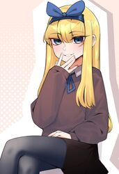  bad_id bad_twitter_id black_pantyhose black_skirt blonde_girl_(popopoka) blonde_hair blue_bow blue_eyes blue_hairband blue_ribbon blush borrowed_character bow commentary crossed_legs english_commentary evil_smile female hairband hand_on_own_knee hand_up highres inactive_account long_hair long_sleeves looking_at_viewer neck_ribbon original pantyhose ribbon sitting skirt smile solo yeun 