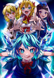  4girls :d :o :q ahoge black_neckwear blonde_hair blue_background blue_bow blue_dress blue_eyes blue_hair blue_wings bow bowtie brown_eyes brown_hair cirno dress fairy_wings full_moon hat hime_cut ice ice_wings licking_lips looking_at_viewer luna_child mamiya_miya moon multiple_girls oerba_yun_fang open_mouth outstretched_arms puffy_sleeves red_bow red_bowtie shirt short_hair sidelocks smile star_sapphire sunny_milk tongue tongue_out touhou transparent_wings white_dress white_headwear white_shirt wings yousei_daisensou 