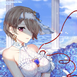  :d bare_shoulders blue_flower blue_rose blue_sky breasts bride brown_hair cen_(cenll) character_name cloud cloudy_sky dress earrings female flower hair_flower hair_ornament hair_over_one_eye happy_birthday highres honkai_(series) honkai_impact_3rd jewelry looking_at_viewer mole mole_under_eye open_mouth outdoors purple_eyes rita_rossweisse rita_rossweisse_(artemis) rose short_hair sky sleeveless sleeveless_dress smile solo white_dress 