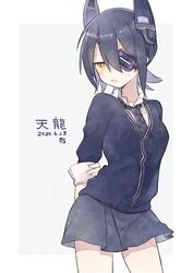  ark_kan arms_behind_back black_skirt breasts character_name checkered_necktie dated eyepatch female hair_between_eyes headgear kantai_collection necktie open_mouth purple_hair short_hair signature simple_background skirt solo sweat tenryuu_(kancolle) yellow_eyes 