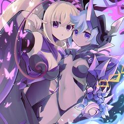  2girls aihira_(aihira12) alternate_color antenna_hair arm_up azure_striker_gunvolt bare_shoulders blonde_hair breasts bug butterfly butterfly_hair_ornament cleavage commentary dark_persona darkness dress fiery_hair gunvolt_chronicles_luminous_avenger_ix hair_ornament highres large_breasts looking_at_viewer lumen_(gunvolt) multicolored_hair multiple_girls navel purple_dress purple_eyes purple_hair roro_(gunvolt) small_breasts 