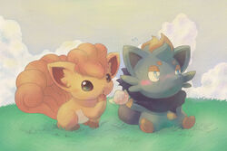  2011 black_body black_fur brown_body brown_fur cloud duo feral fur generation_1_pokemon generation_5_pokemon grass light nintendo outside plant pokemon pokemon_(species) sitting sky sunlight vulpix wadorigi zorua 