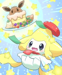  2020 5:6 blush clothing dairy_products eevee floating food generation_1_pokemon generation_3_pokemon headgear headwear hi_res jirachi legendary_pokemon nintendo open_mouth pancake plate pokemon pokemon_(species) pokemon_cafe_remix semi-anthro solo uniform wadorigi whipped_cream white_body white_skin 