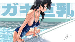  arm_support armpit_crease artist_name bare_shoulders black_hair blue_one-piece_swimsuit breasts cleavage climbing collarbone commentary competition_school_swimsuit copyright_name dated drain_(object) dripping female from_side gaki_kyonyuu hair_between_eyes hair_tie highres kaedeko_(kaedelic) large_breasts leaning_forward leg_up long_hair looking_afar one-piece_swimsuit oppai_loli partially_submerged pool pool_ladder poolside profile puddle red_eyes revision sasaki_kanna_(kaedeko) school_swimsuit sideboob signature solo spread_legs swimsuit thighs translated twintails water wet wet_clothes wet_hair wet_swimsuit 