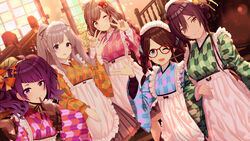  5girls ;d apron blue_eyes blue_kimono blush brown_eyes brown_gloves brown_hair brown_kimono brown_skirt commentary_request diagonal_bangs double_v dutch_angle frilled_apron frilled_skirt frills glasses gloves green_kimono grey_hair hair_between_eyes hand_up hands_up highres idolmaster idolmaster_shiny_colors index_finger_raised indoors japanese_clothes kimono l&#039;antica_(idolmaster) long_hair long_sleeves maid maid_headdress matching_outfits mitsumine_yuika multiple_girls o_(rakkasei) one_eye_closed open_mouth parted_bangs pink_kimono pleated_skirt print_kimono purple_eyes purple_hair purple_kimono railing red-framed_eyewear shirase_sakuya skirt smile stairs standing tanaka_mamimi tsukioka_kogane twintails v wa_maid white_apron wide_sleeves window yagasuri yukoku_kiriko 