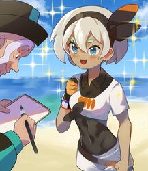  1boy :d bea_(pokemon) beach black_hairband blue_eyes blush bodysuit bodysuit_under_clothes bow clenched_hands cloud collared_shirt commentary_request dark-skinned_female dark_skin day dynamax_band eyelashes female gloves grey_hair hair_between_eyes hairband hat highres holding katwo looking_at_another mustard_(pokemon) old old_man open_mouth outdoors paintbrush partially_fingerless_gloves pokemon pokemon_swsh print_shirt print_shorts sand shirt shore short_hair short_sleeves shorts signing single_glove sky smile sparkle standing tied_shirt water wristband 