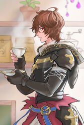  1boy armor bag black_gloves brown_hair coffee_grinder cup fingerless_gloves gloves granblue_fantasy hair_between_eyes highres holding holding_cup holding_plate indoors kakikuyeko3181 male_focus messy_hair plant plate potted_plant profile red_eyes sandalphon_(granblue_fantasy) solo steam teacup 