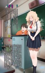  1boy blonde_hair blue_eyes blush chalkboard classroom commentary desk english_commentary female highres indoors long_hair mixed-language_commentary original ryusei_hashida school school_desk school_uniform shirt skirt speaker teacher text_focus thighs translation_request trembling window 