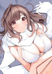  arms_under_breasts bare_shoulders bed_sheet bikini blush breasts brown_hair cleavage closed_mouth commentary crossed_arms female from_above idolmaster idolmaster_shiny_colors koukoku large_breasts long_hair looking_at_viewer lying on_back on_bed purple_eyes revision scarf solo swimsuit tsukioka_kogane white_bikini white_scarf 