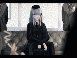  3others absurdres amamizu_shizuku black_coat black_pants black_vest blue_hair coat collared_shirt commentary_request couch expressionless facial_mark female girls&#039;_frontline green_eyes hair_ornament hat highres hk416_(girls&#039;_frontline) indoors long_hair long_sleeves looking_at_viewer multiple_others necktie on_couch pants shirt sitting vest white_shirt 