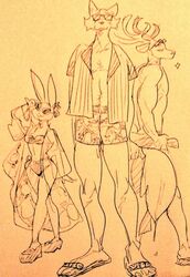  anthro beastars canid canine canis cervid clothing dripping eyewear female footwear group haru_(beastars) lagomorph legoshi_(beastars) leporid louis_(beastars) male male/female male/male mammal rabbit sandals sparkles summer sunglasses swimwear towel trio wet wolf wuffinarts 