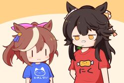  2girls :3 animal_ears bandaid bandaid_on_face bandaid_on_nose black_hair bow brown_hair commentary_request ear_ornament ear_piercing gomashio_(goma_feet) hair_flaps high_ponytail horse_ears horse_girl jitome light_brown_hair long_hair mouth_hold multicolored_hair multiple_girls narita_brian_(umamusume) orange_eyes partial_commentary piercing pink_bow print_shirt shirt stalk_in_mouth t-shirt tokai_teio_(umamusume) translation_request two-tone_hair umamusume upper_body |_| 