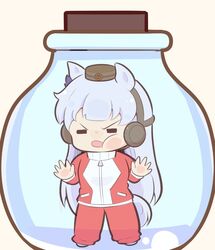  =_= animal_ears bottle bow chibi commentary female gold_ship_(umamusume) gomashio_(goma_feet) headgear horse_ears horse_girl horse_tail long_hair pillbox_hat purple_bow red_track_suit solo tail tracen_training_uniform track_suit turtleneck umamusume 