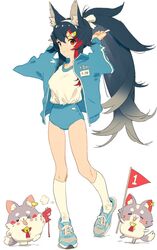  alternate_costume animal_ear_fluff animal_ears arms_up black_hair blue_buruma blue_jacket breasts brown_eyes buruma cleavage female hair_ornament hair_ribbon hairband hairclip highres hololive jacket kneehighs long_hair long_sleeves looking_at_viewer miofa_(ookami_mio) multicolored_hair ookami_mio open_clothes open_jacket ponytail red_hair ribbon shirt shoes simple_background socks solo standing streaked_hair tamo_(gaikogaigaiko) very_long_hair virtual_youtuber white_background white_hairband white_shirt white_socks wolf_ears wolf_girl 