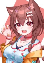  :d alternate_animal_ears animal_ears bone_hair_ornament braid breasts brown_hair cartoon_bone cat_ears cat_girl cat_tail cleavage collar collarbone deaver female hair_between_eyes hair_ornament hand_up highres hololive inugami_korone inugami_korone_(1st_costume) looking_at_viewer medium_breasts nail_polish oerba_yun_fang open_mouth red_collar short_hair smile solo tail twin_braids upper_body virtual_youtuber yellow_nails 