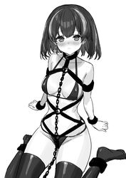  alternate_costume anklet arknights bikini blush bondage bondage bound breasts chains chinese_commentary cleavage closed_mouth commentary_request earrings female from_above full_body greyscale highres jewelry looking_at_viewer magallan_(arknights) medium_breasts monochrome multicolored_hair navel o-ring short_hair sigm@ simple_background single_earring sitting solo strap streaked_hair string_bikini swimsuit thighhighs thong_bikini two-tone_hair wariza white_background 